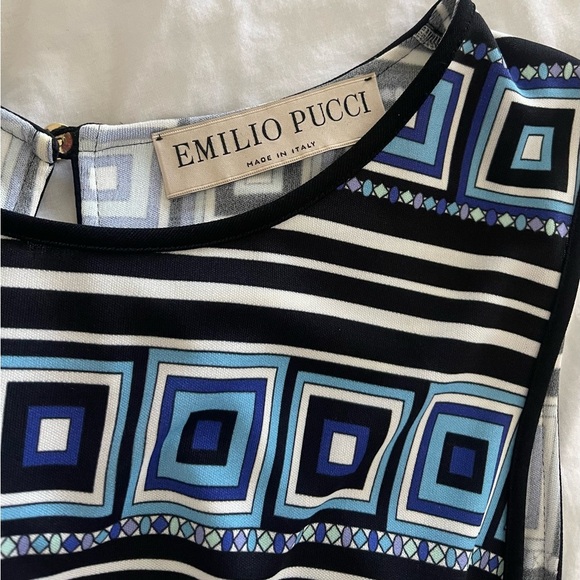 Emilio Pucci Sleeveless Shift Dress- Black, White & Blue Geometric Print - Picture 4 of 7